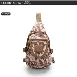 Detail view of desert digital camo tactical chest bag with adjustable nylon straps