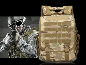 Close-up of Multicam tactical backpack featuring MOLLE webbing and velcro patches for gear