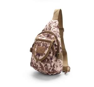 Detailed 45-degree side view showing the 3D structure and layered tactical camouflage chest bag