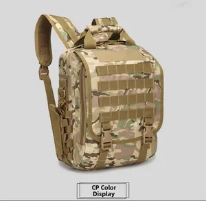 Detail view of tactical camouflage backpack featuring MOLLE webbing system and sturdy buckles