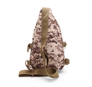 Detail view of tactical camo shoulder bag with adjustable strap and digital desert pattern