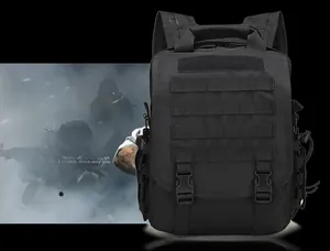 Detailed view of Molle webbing system and durable nylon fabric on tactical black backpack