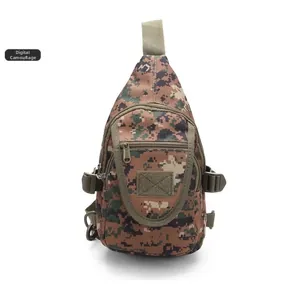 Detail of woodland digital camouflage tactical chest bag with heavy-duty zippers