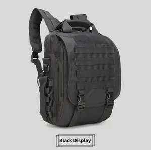 Tactical black backpack with MOLLE system and buckle straps for outdoor utility