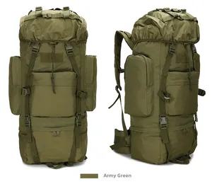 Front and side views of durable army green 65L tactical hiking backpack with buckle straps