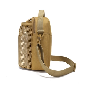 Durable khaki tactical crossbody bag with side mesh pocket and adjustable strap