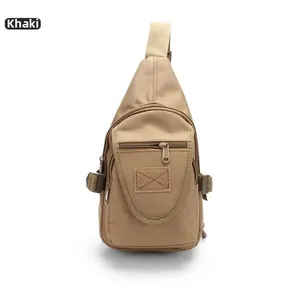 Close-up of tactical mud color sling bag with durable buckles and velcro panels
