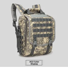 Front detail of ACU digital camo tactical backpack with Molle system and velcro panel