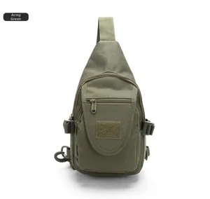 Detail view of army green tactical sling bag featuring durable canvas and modular straps
