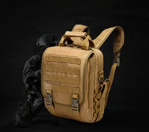 Side view of tactical khaki backpack with heavy-duty MOLLE system and reinforced handle