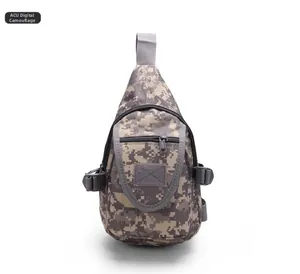 Detailed view of the ACU digital camouflage tactical chest bag with velcro patch area