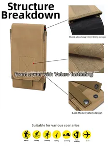 Tactical MOLLE phone pouch in khaki nylon with shockproof lining and velcro closure details