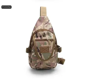 Detailed front view of tactical CP camouflage sling bag with durable nylon zippers