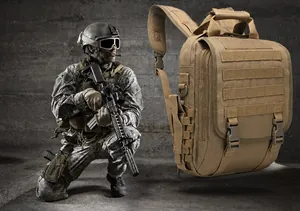 Detailed side view of khaki tactical backpack featuring heavy-duty MOLLE webbing system