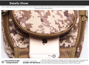 Detail of desert camo tactical chest bag showing front pocket capacity and waterproof lining