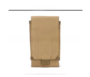 Front view of khaki tactical phone pouch with durable nylon and reinforced stitching