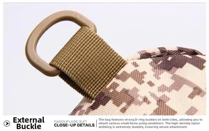 Detail of durable D-ring plastic buckle and nylon webbing on camo shoulder bag