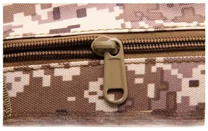 Close-up of durable camouflage fabric with smooth zipper and reinforced stitching detail
