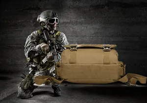Tactical desert nylon bag with reinforced straps and heavy-duty buckles in outdoor setting