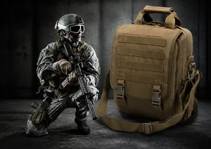 Detailed view of khaki tactical backpack featuring MOLLE system and durable buckles