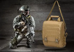 Khaki tactical shoulder bag with MOLLE system and soldier background for outdoor use