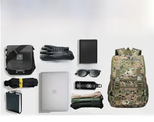 Tactical camo backpack and messenger bag showing storage for laptop and gear