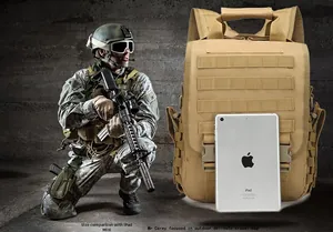 Tactical khaki backpack featuring MOLLE system compared to iPad Mini for scale