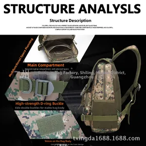 Detail view of digital camo tactical backpack with laptop sleeve and D-ring buckle