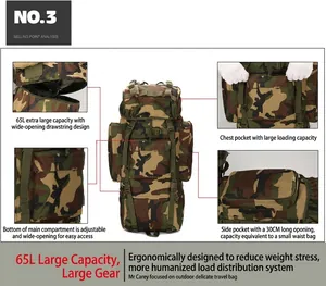 Detailliertes 65L Camouflage-Rucksack-Layout mit ergonomischem Tragesystem und großem Fach