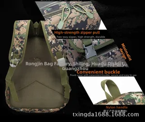 Detail of digital camo tactical backpack with sturdy zippers and breathable mesh back