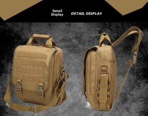 Detail view of khaki tactical messenger bag featuring MOLLE system and nylon straps