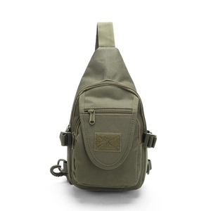 Army green tactical sling bag with camouflage pattern and velcro area for outdoor sports