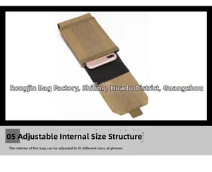 Detail view of the adjustable interior design of the khaki MOLLE tactical phone pouch