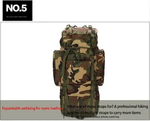 Detailansicht des 65L Taktik-Rucksacks mit MOLLE-System und robustem Camouflage-Gewebe