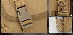 Close-up of tactical nylon backpack featuring MOLLE webbing system and durable buckles