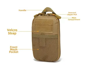 Détail de la pochette tactique EDC avec tirettes en paracorde, poignée et poche filet