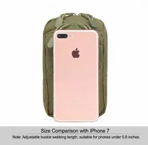Sacoche tactique en nylon montrant la taille et compatibilité téléphone 5,8"