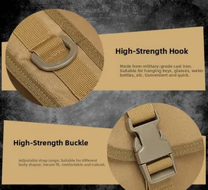Detail of durable iron D-ring and adjustable nylon buckle on khaki tactical backpack