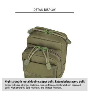 Vue détaillée de la pochette tactique vert armée avec doubles fermetures éclair et paracorde