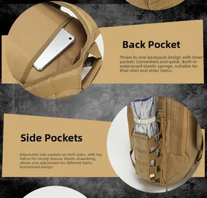 Detail of tactical backpack showing the anti-theft back pocket and adjustable side pouch