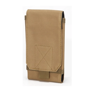 Detailed front view of tactical MOLLE utility pouch in durable khaki nylon fabric