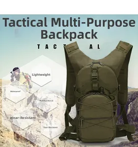 Detail view of army green tactical backpack with waterproof nylon fabric and MOLLE system