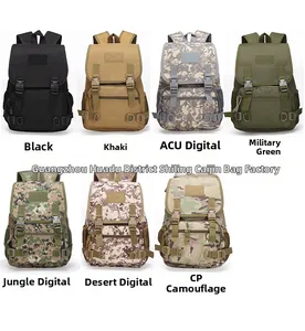 Tactical backpack set showing seven colors including camouflage, khaki, and military green