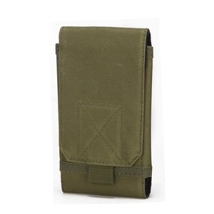 Close-up of olive green tactical phone pouch with durable nylon fabric and reinforced stitching