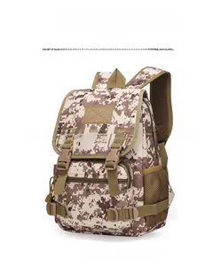 Detailed view of the desert digital camouflage tactical backpack with multiple compartments