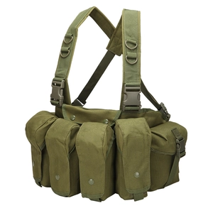 Olive green tactical chest rig with adjustable straps and four front snap pockets