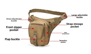Tactical leg bag in khaki nylon showing main pocket, quick release buckle and straps