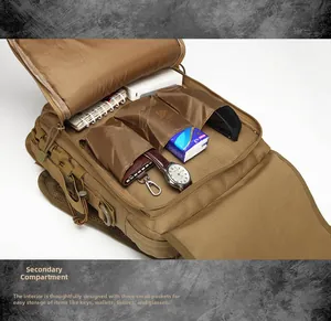 Internal view of waterproof tactical backpack showing three organization pockets and storage layout