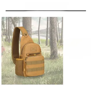 Detail view of khaki tactical chest bag with MOLLE webbing and reinforced nylon fabric