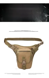 Detailed view of durable khaki tactical leg bag with multiple pockets and nylon straps